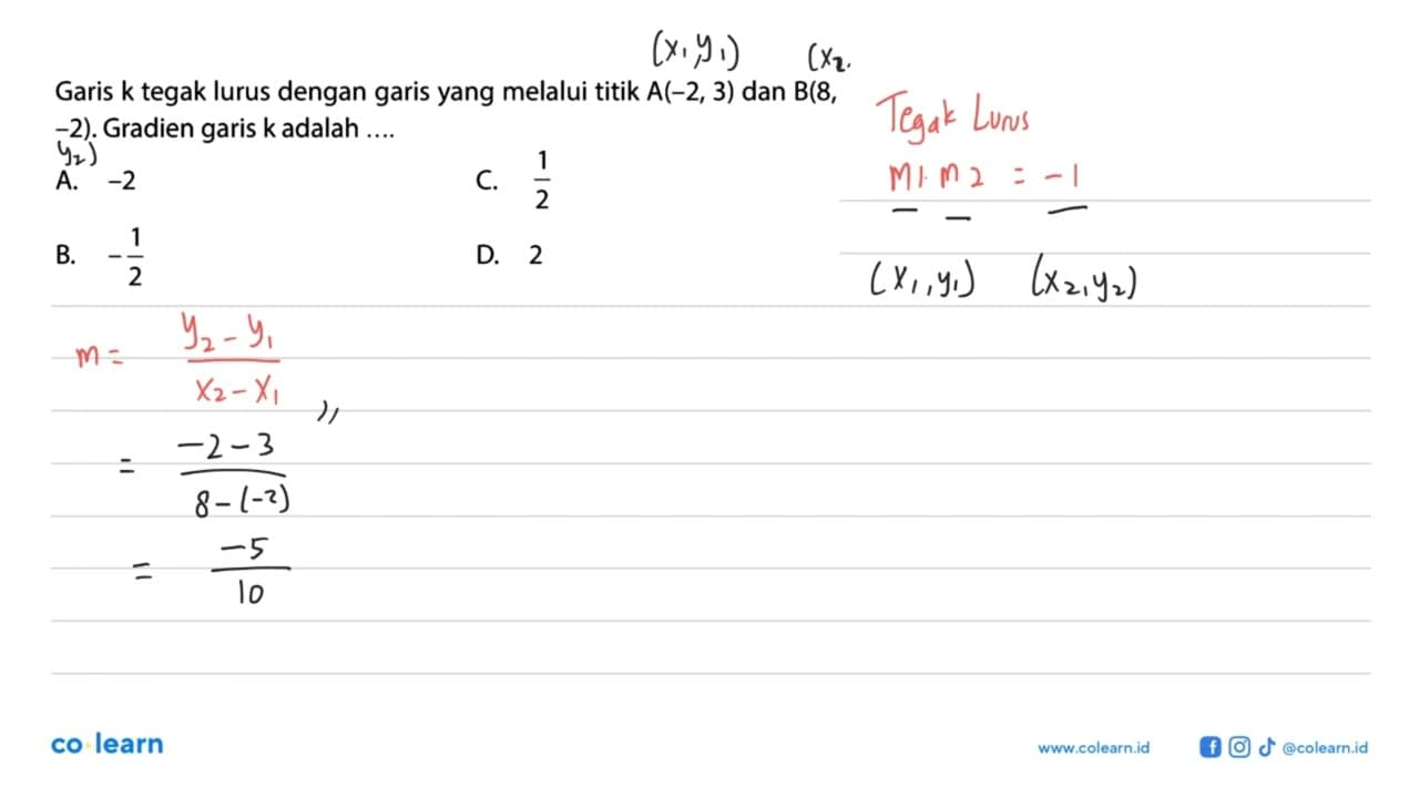 Garis k tegak lurus dengan garis yang melalui titik A(-2,