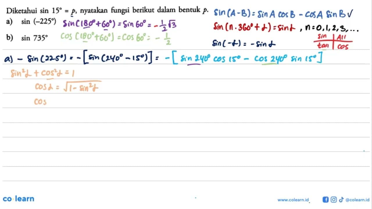 Diketahui sin 15=p , nyatakan fungsi berikut dalam bentuk p