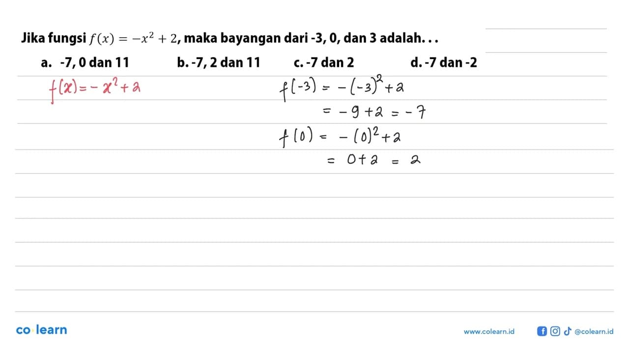 Jika fungsi f(x)=-x^2+2, maka bayangan dari -3, 0, dan 3