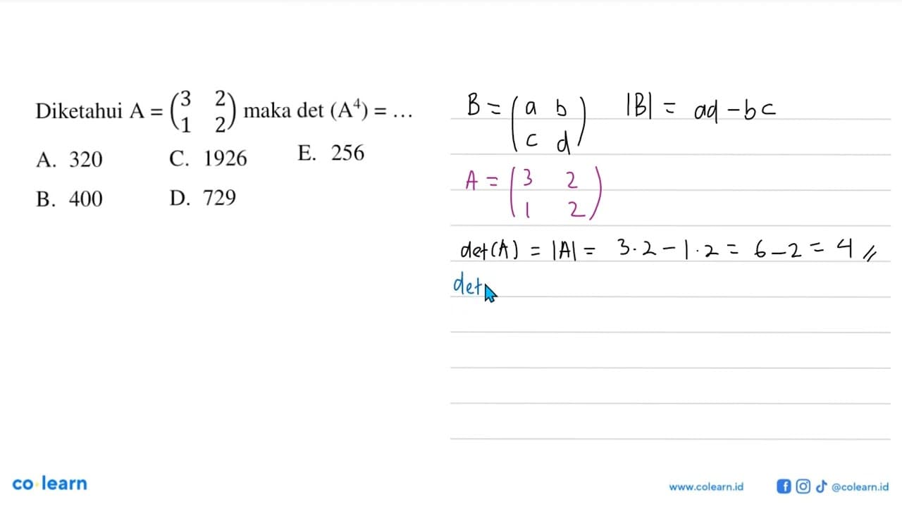 Diketahui A=(3 2 1 2) maka det (A^4)=...