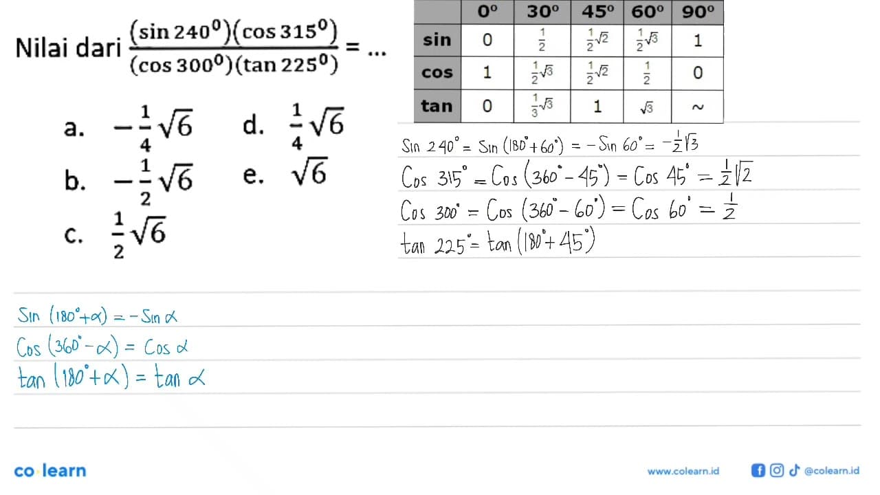 Nilai dari ((sin 240)(cos 315)/(cos 300)(tan 225))=....