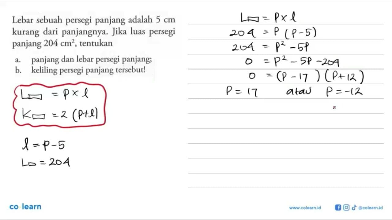 Lebar sebuah persegi panjang adalah 5 cm kurang dari