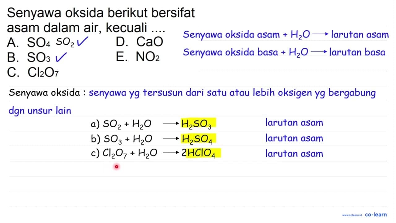 Senyawa oksida berikut bersifat asam dalam air, kecuali