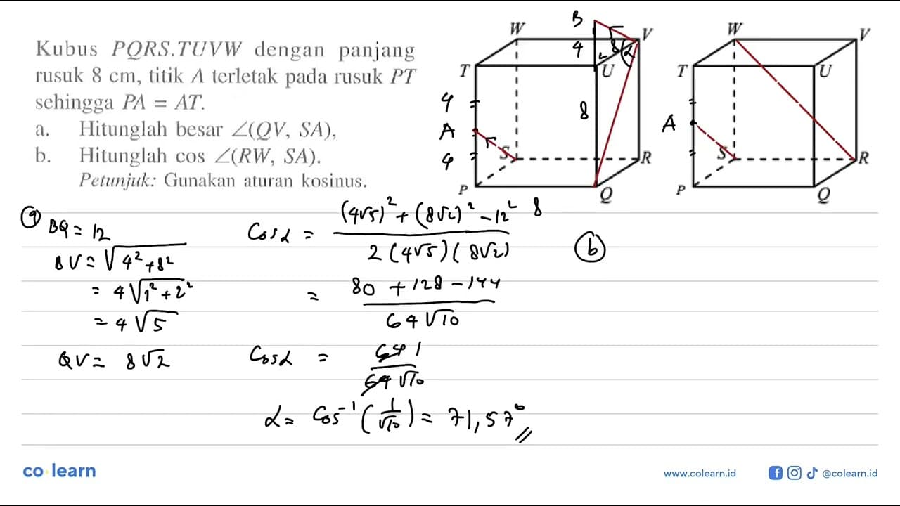 Kubus PQRS.TUVW dengan panjang rusuk 8 cm, titik A terletak