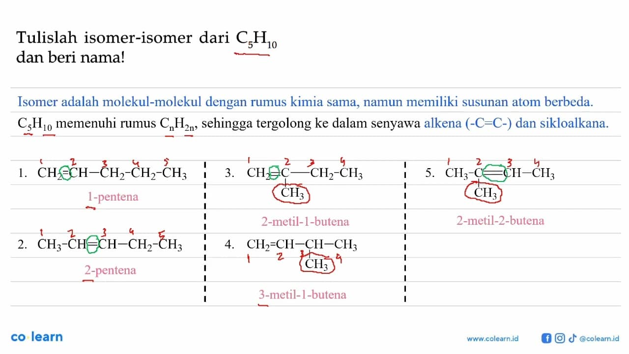 Tulislah isomer-isomer dari C5H10 dan beri nama!