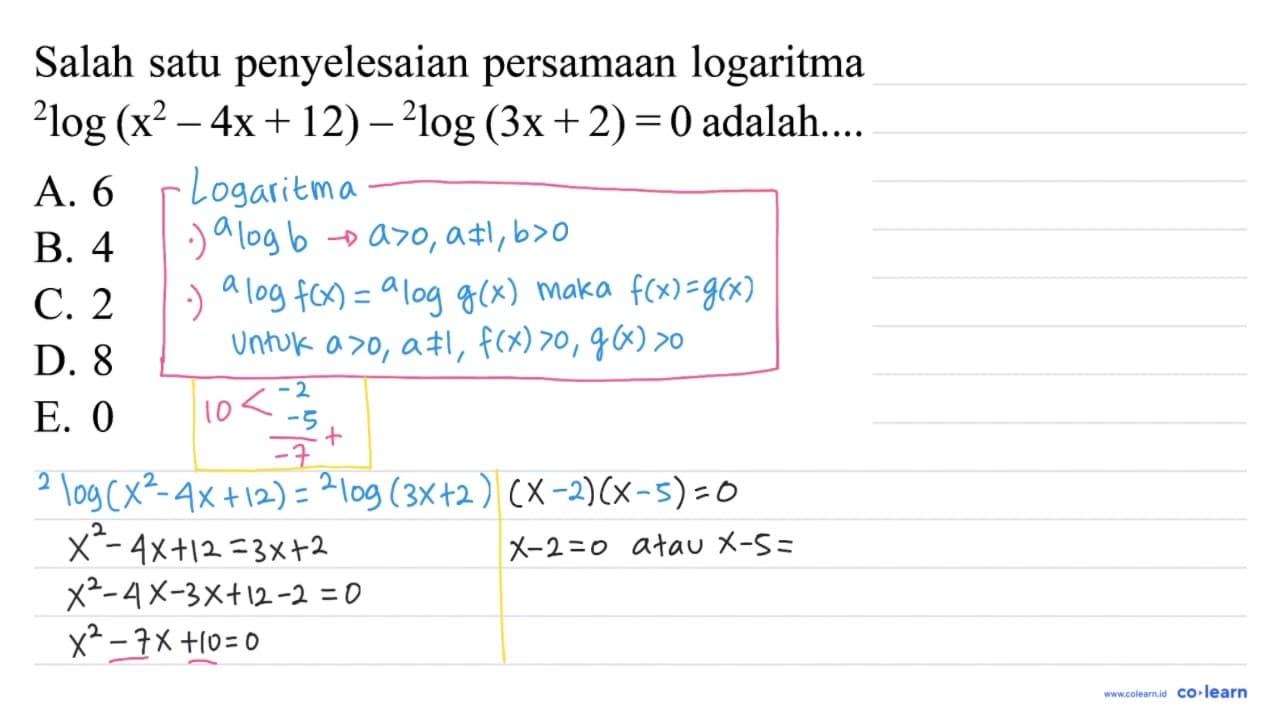 Salah satu penyelesaian persamaan logaritma 2log(x^2 - 4x +