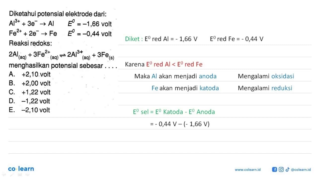 Diketahui potensial elektrode dari: Al^(3+) + 3e^- -> Al