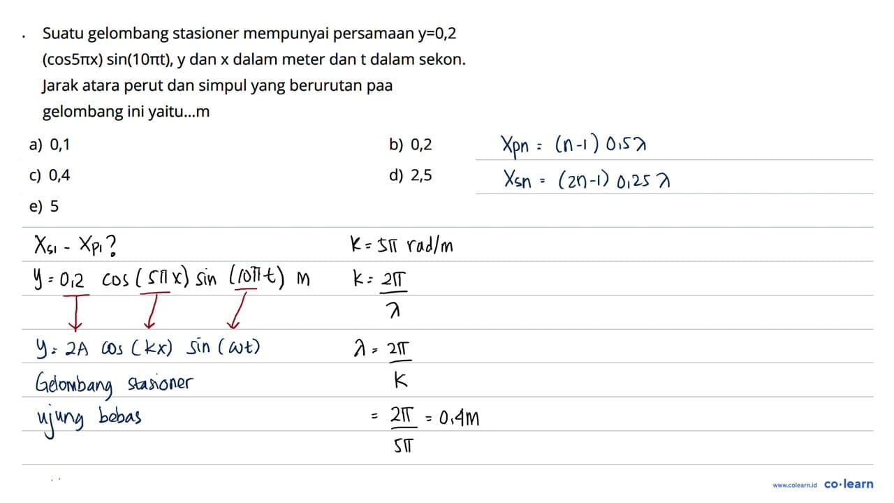 Suatu gelombang stasioner mempunyai persamaan y=0,2(cos 5pi