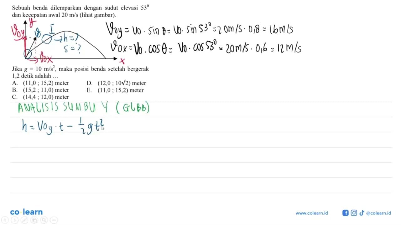 Sebuah benda dilemparkan dengan sudut elevasi 53 dan