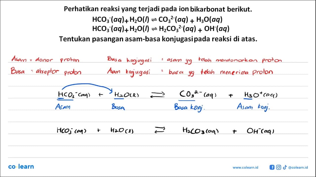 Perhatikan reaksi yang terjadi pada ion bikarbonat berikut.