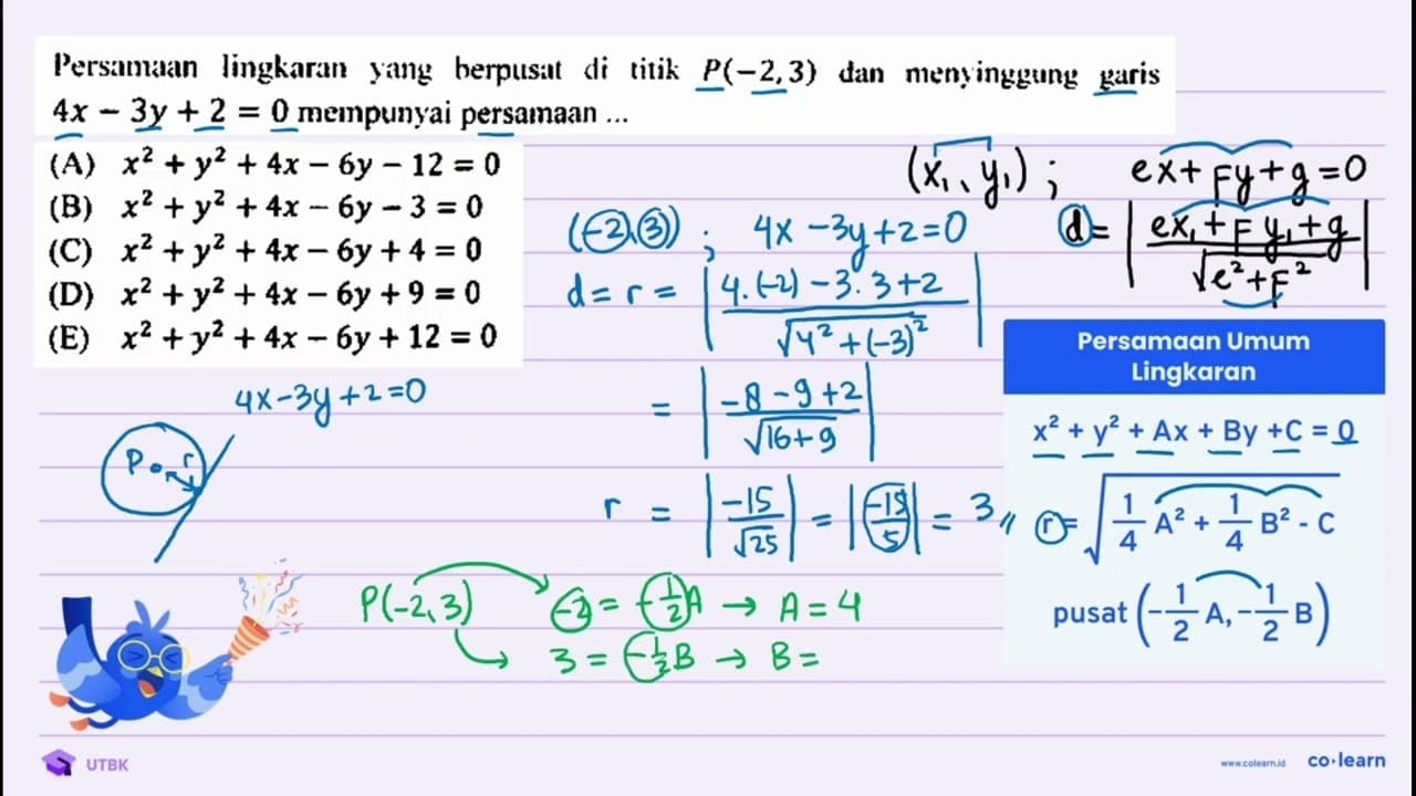 Persamaan lingkaran yang herpusat di titik P(-2,3) dan