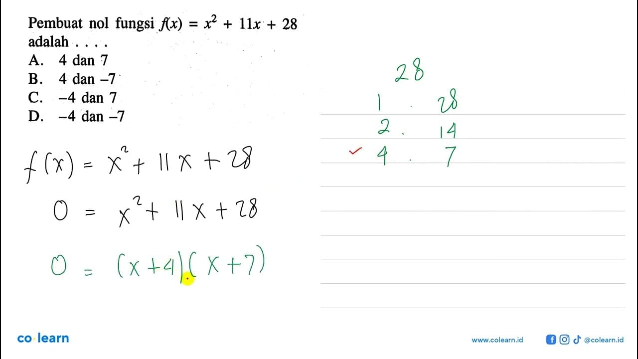 Pembuat nol fungsi f(x) = x^2 + 11x + 28 adalah A. 4 dan 7