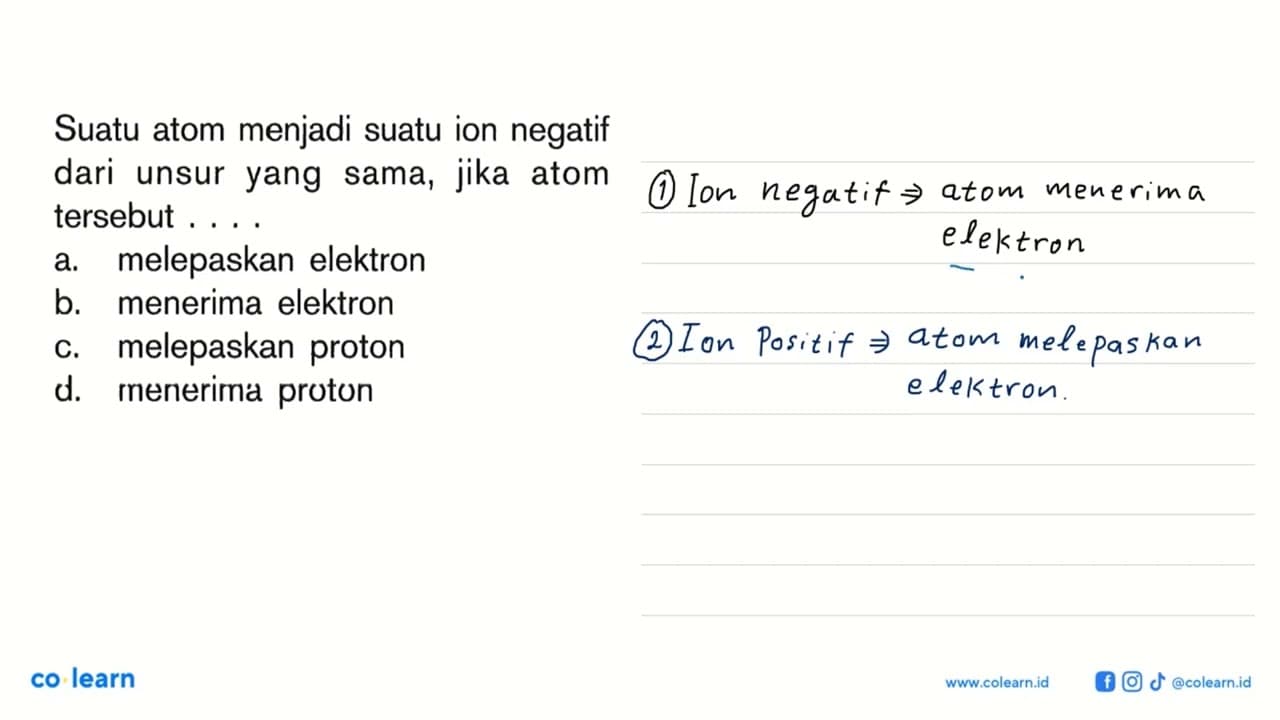 Suatu atom menjadi suatu ion negatif dari unsur yang sama,