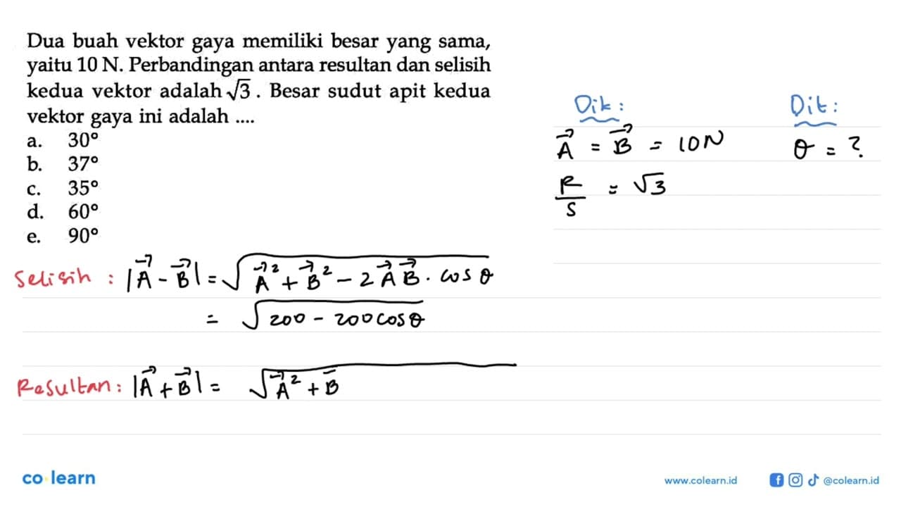 Dua buah vektor gaya memiliki besar yang sama, yaitu 10 N.