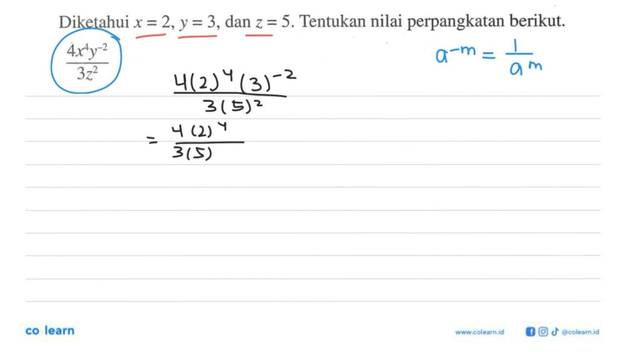 Diketahui x = 2,y= 3, dan z=5. Tentukan nilai perpangkatan