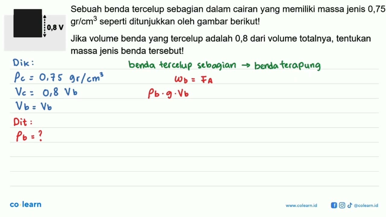 0,8 V Sebuah benda tercelup sebagian dalam cairan yang