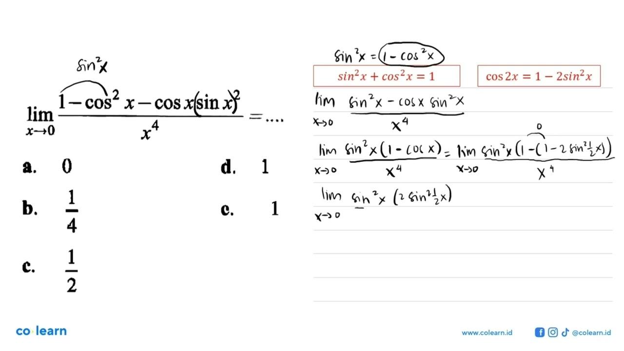 limit x -> 0 ((1-cos^2(x))-(cos xsin(x^2))/(x^4))=....