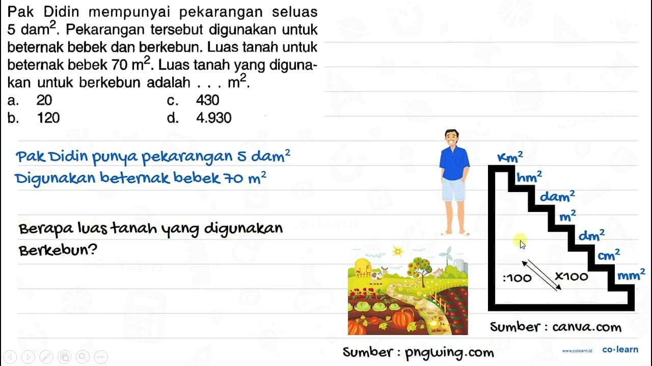 Pak Didin mempunyai pekarangan seluas 5 dam^2. Pekarangan