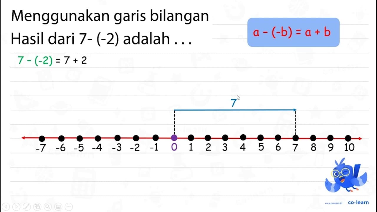 Menggunakan garis bilangan Hasil dari 7- (-2) adalah ...