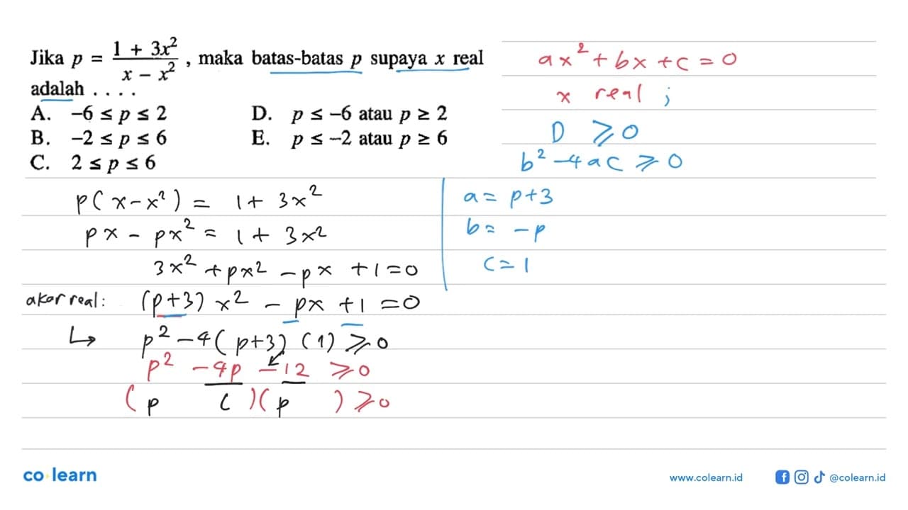 Jika p = (1+3x^2)/(x-x^2), maka batas-batas p supaya x real