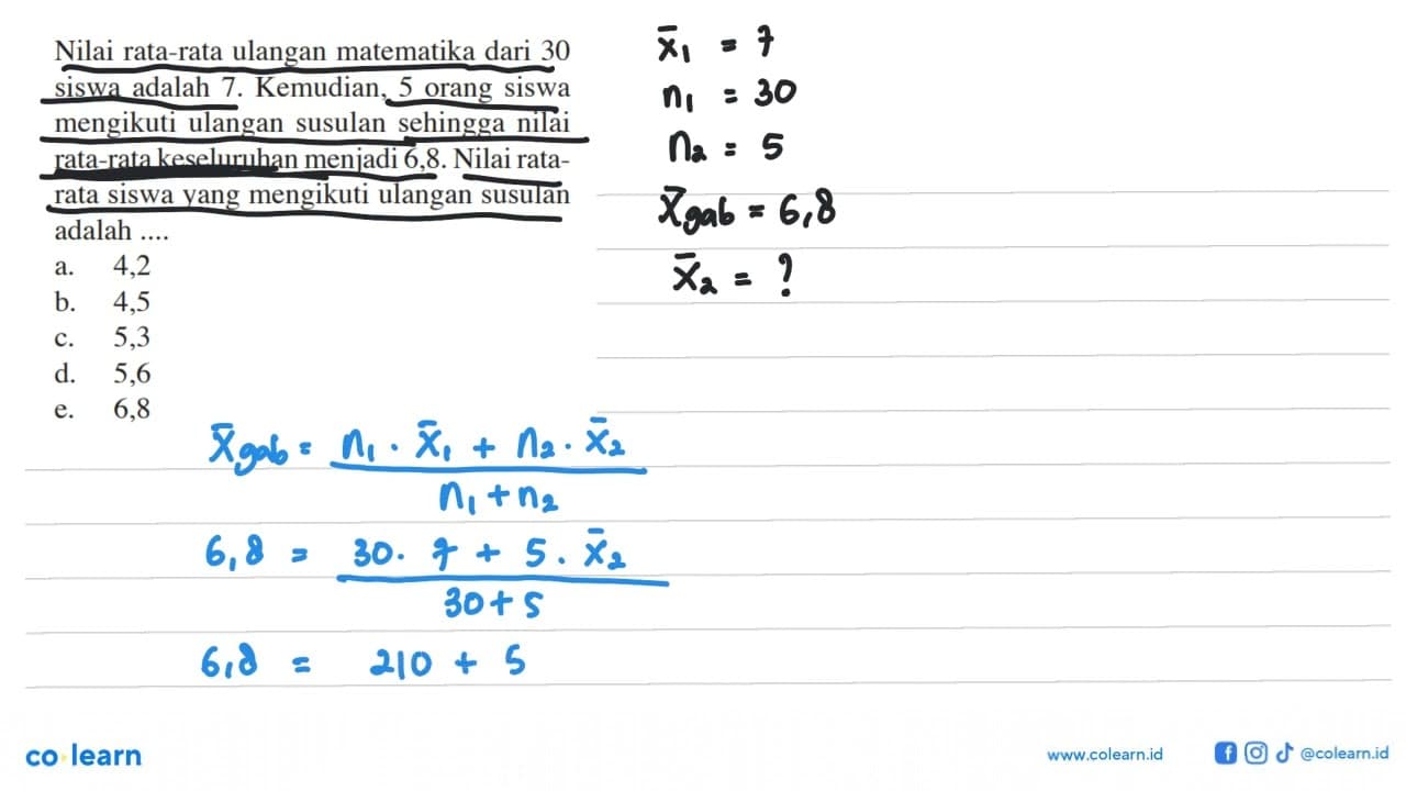 Nilai rata-rata ulangan matematika dari 30 siswa adalah 7.