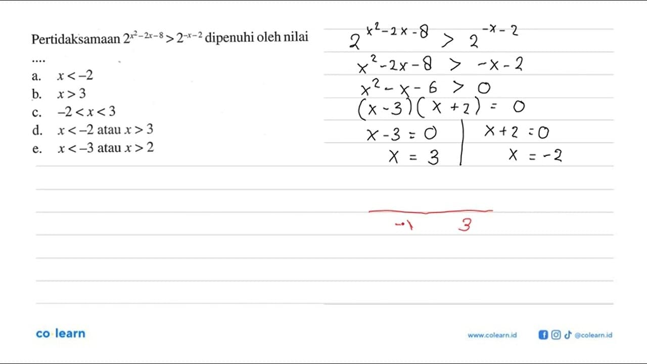 Pertidaksamaan 2^(x^2-2x-8)>2^(-x-2) dipenuhi oleh nilai