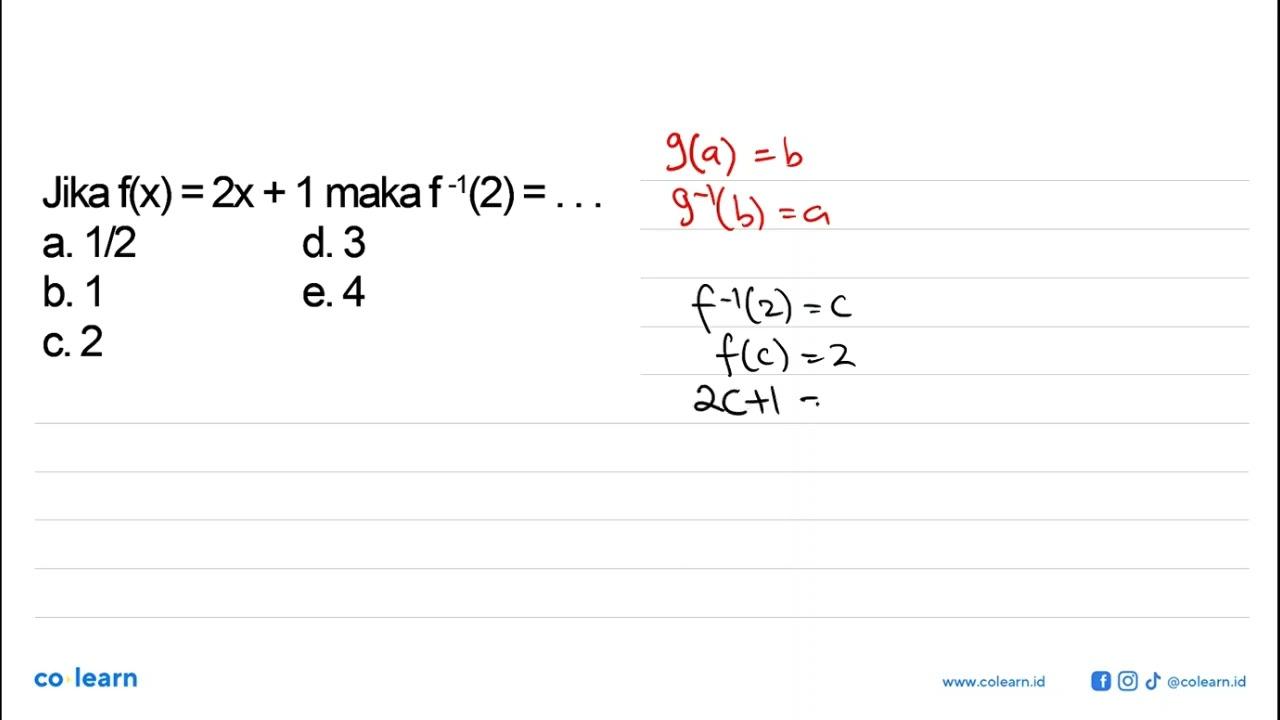 Jika f(x)=2x+1 maka f^(-1)(2)=...