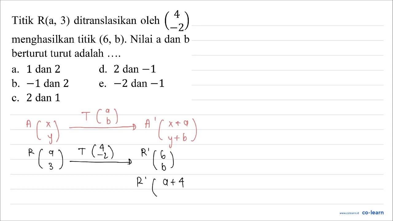 Titik R(a, 3) ditranslasikan oleh (4 -2) menghasilkan titik