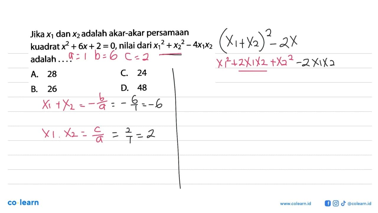 Jika x1 dan x2 adalah akar-akar persamaan kuadrat x^2 + 6x