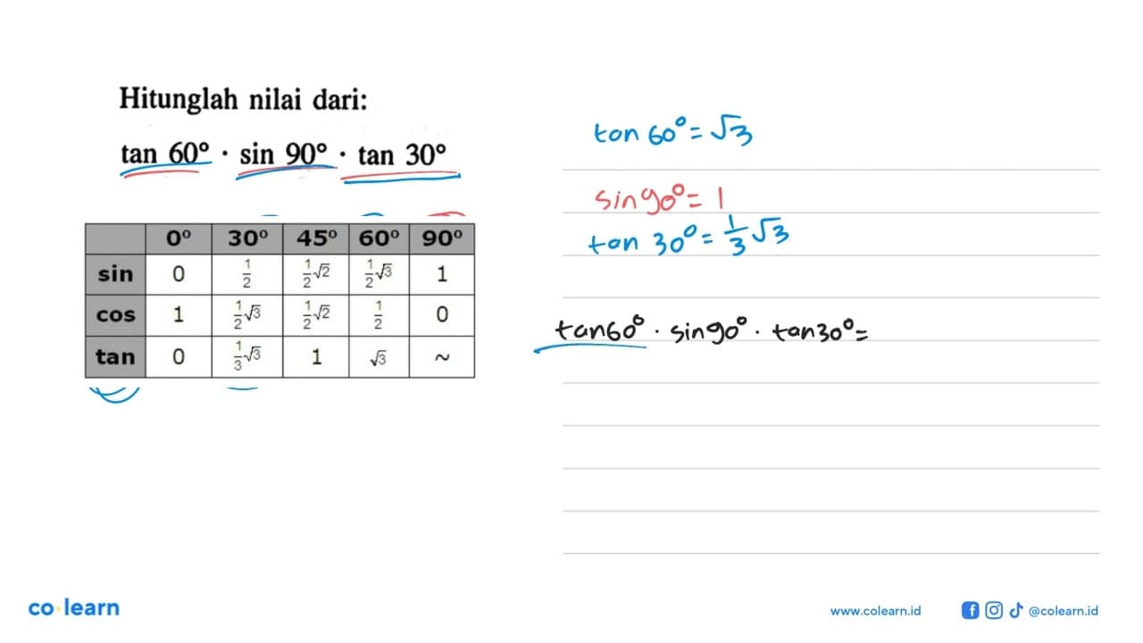 Hitunglah nilai dari:tan 60.sin 90.tan 30