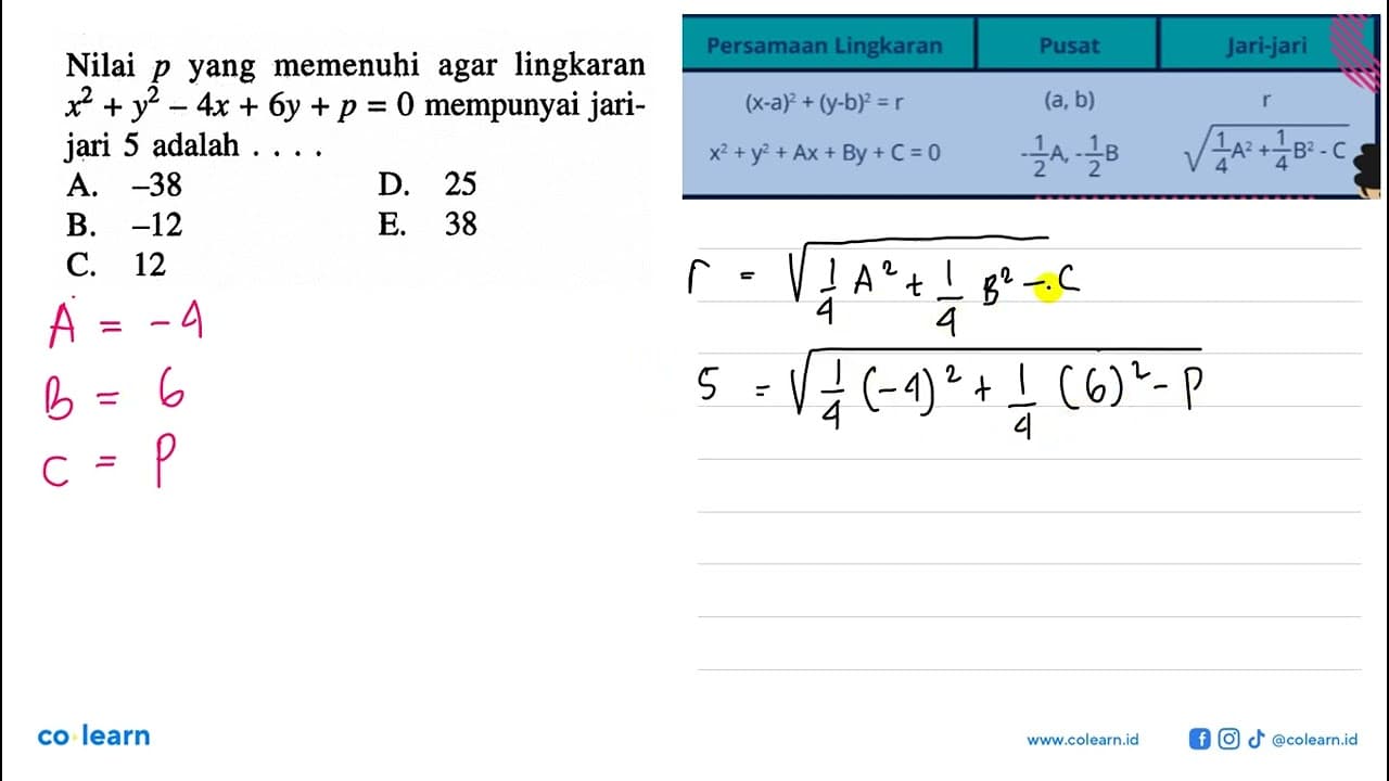 Nilai p yang memenuhi agar lingkaran x^2+y^2-4x+6y+p=0