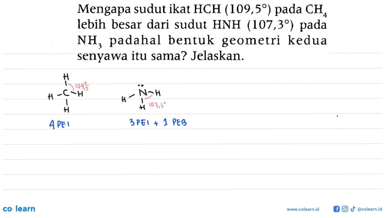 Mengapa sudut ikat HCH (109,5) pada CH4 lebih besar dari