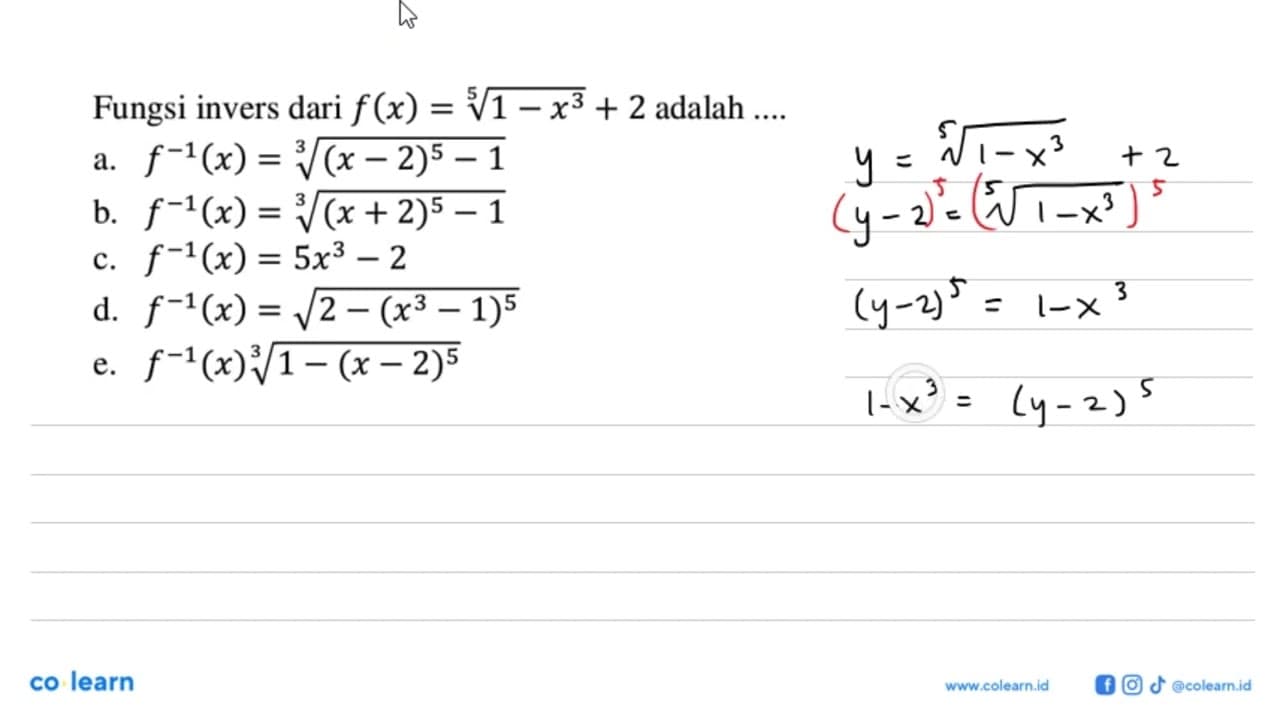 Fungsi invers dari f(x)= (1-x^3 )^1/5+2 adalah....