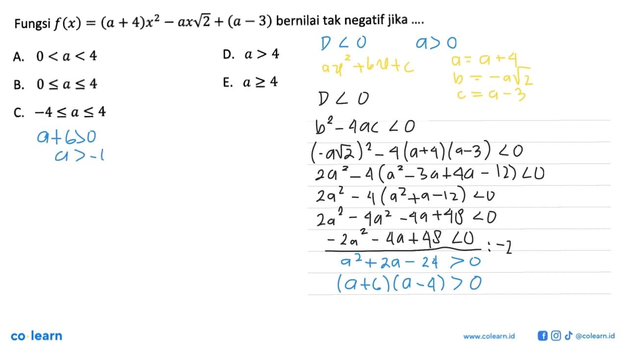 Fungsi f(x)=(a+4)x^2-ax akar(2)+(a-3) bernilai tak negatif