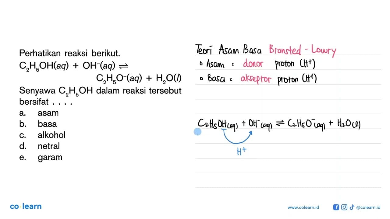 Perhatikan reaksi berikut.C2H5OH(aq)+OH^-(aq) ->