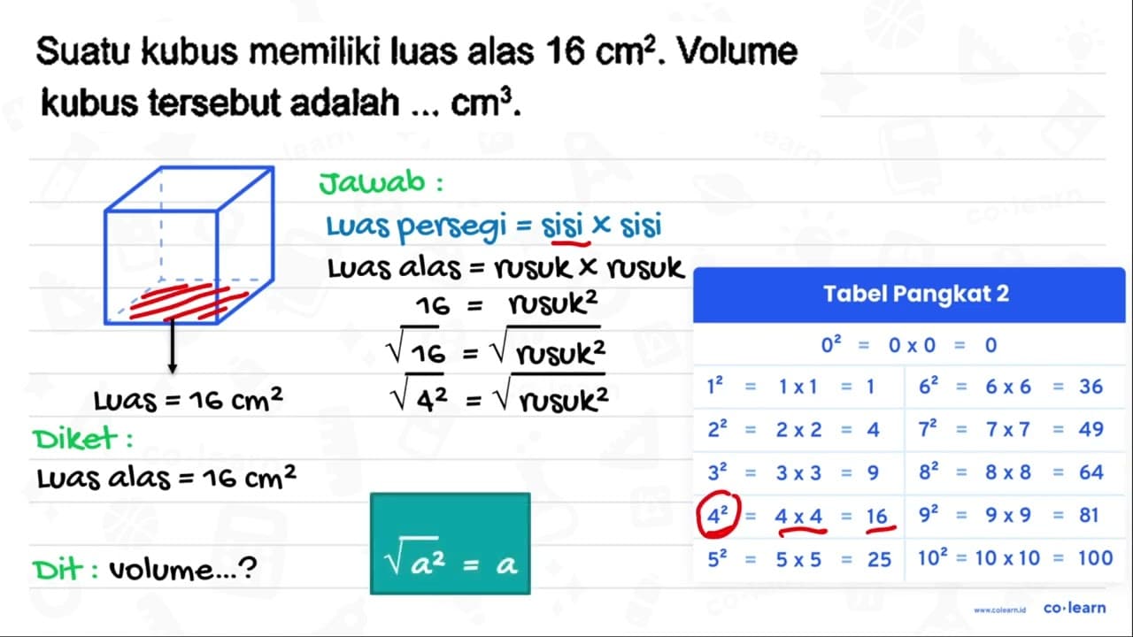 Suatu kubus memiliki luas alas 16 cm^(2) . Volume kubus