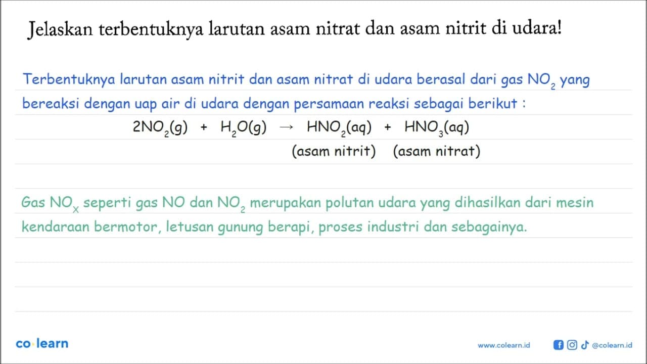 Jelaskan terbentuknya larutan asam nitrat dan asam nitrit