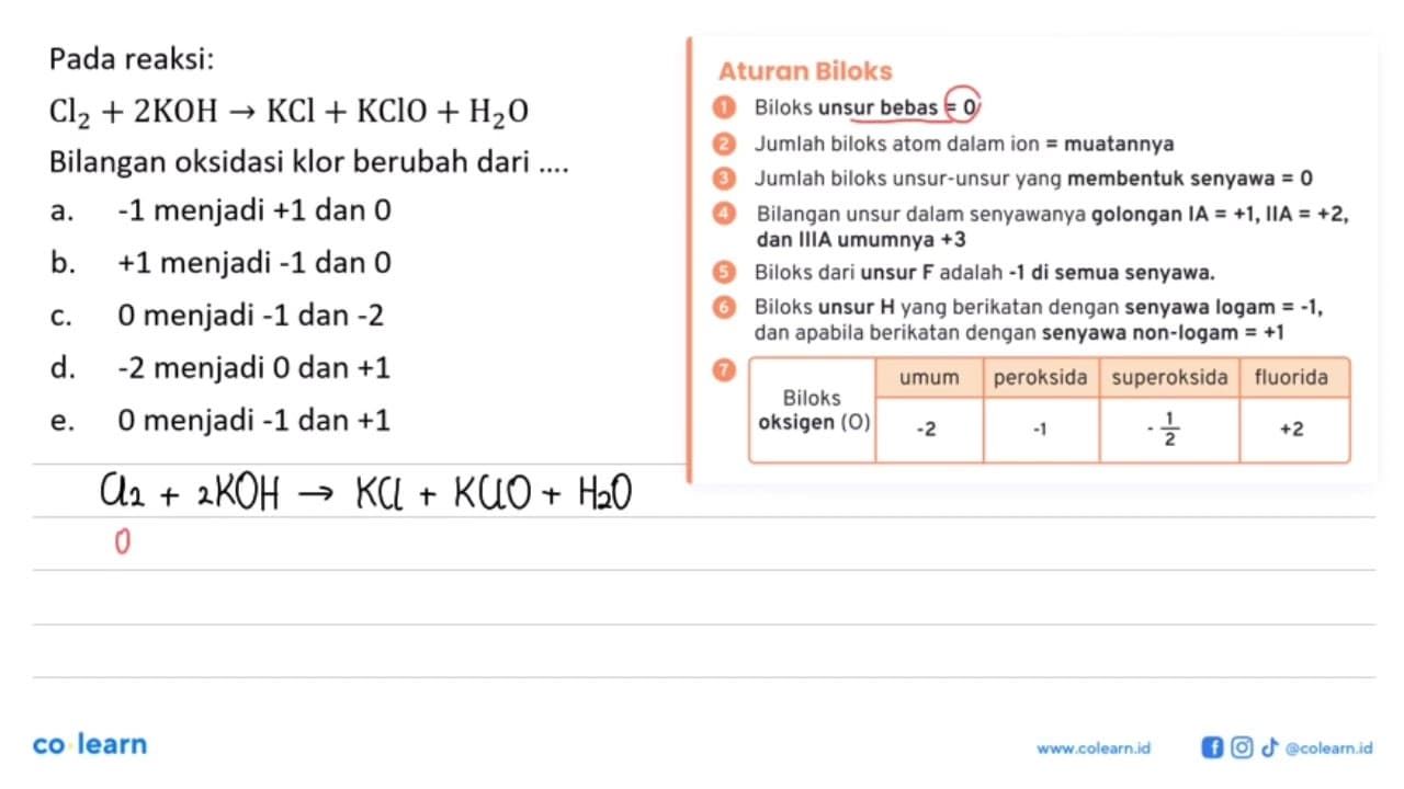 Pada reaksi: Cl2 + 2KOH -> KCl + KClO + H2O Bilangan