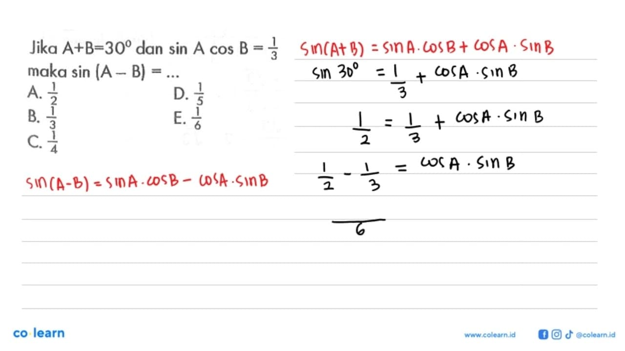 Jika A+B=30 dan sinAcosB=1/3 maka sin (A-B)= ...