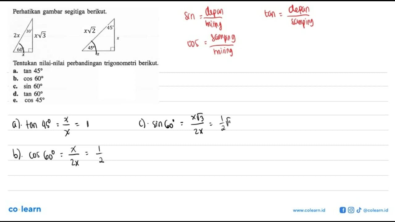 Perhatikan gambar segitiga berikut. 2x xakar(3) 30 60