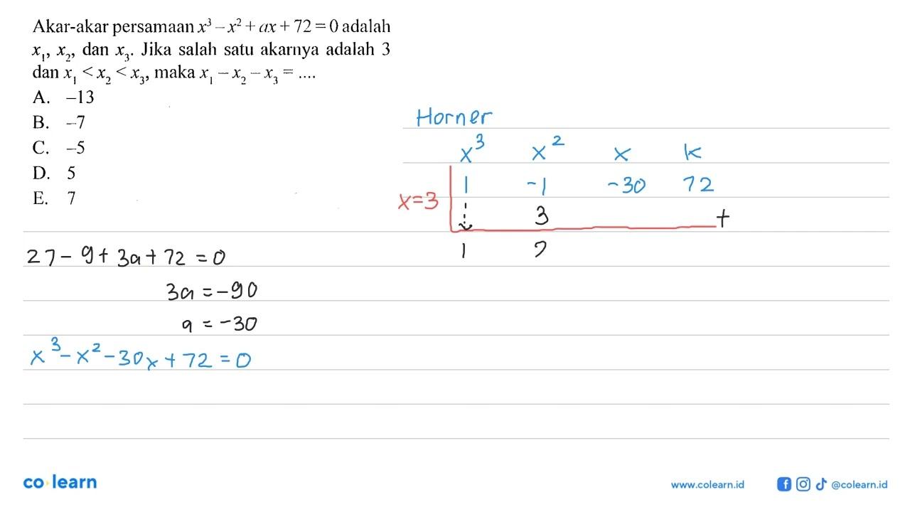 Akar-akar persamaan x^3-x^2+ax+72=0 adalah x1,x2,dan x3.