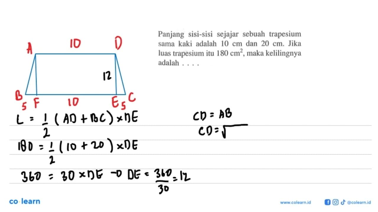 Panjang sisi-sisi sejajar sebuah trapesium sama kaki adalah