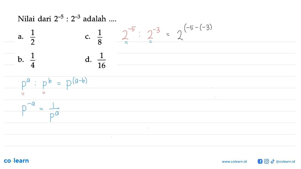 Nilai dari 2^(-5):2^(-3) adalah