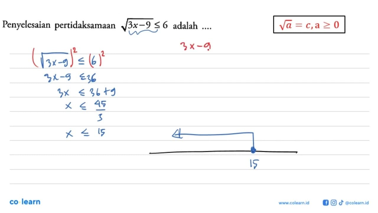 Penyelesaian pertidaksamaanakar(3x-9)<=6 adalah ...