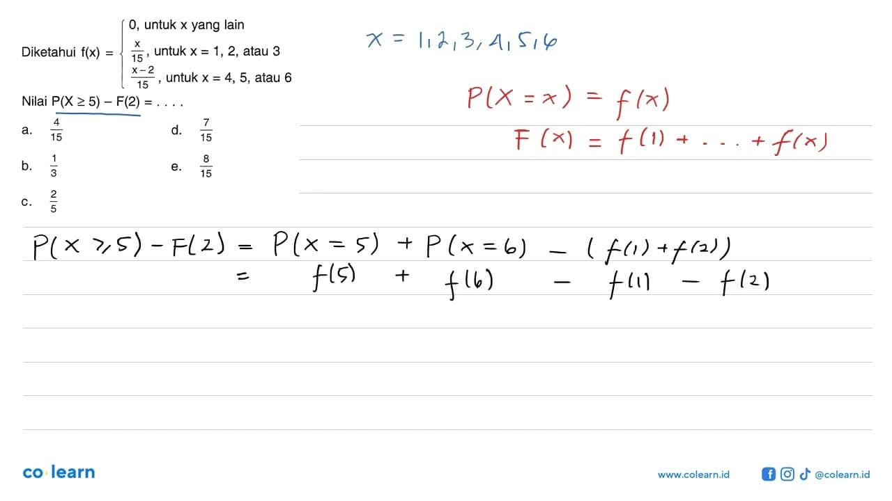 Diketahui f(x)={0, untuk x yang lain x/15, untuk x=1,2,