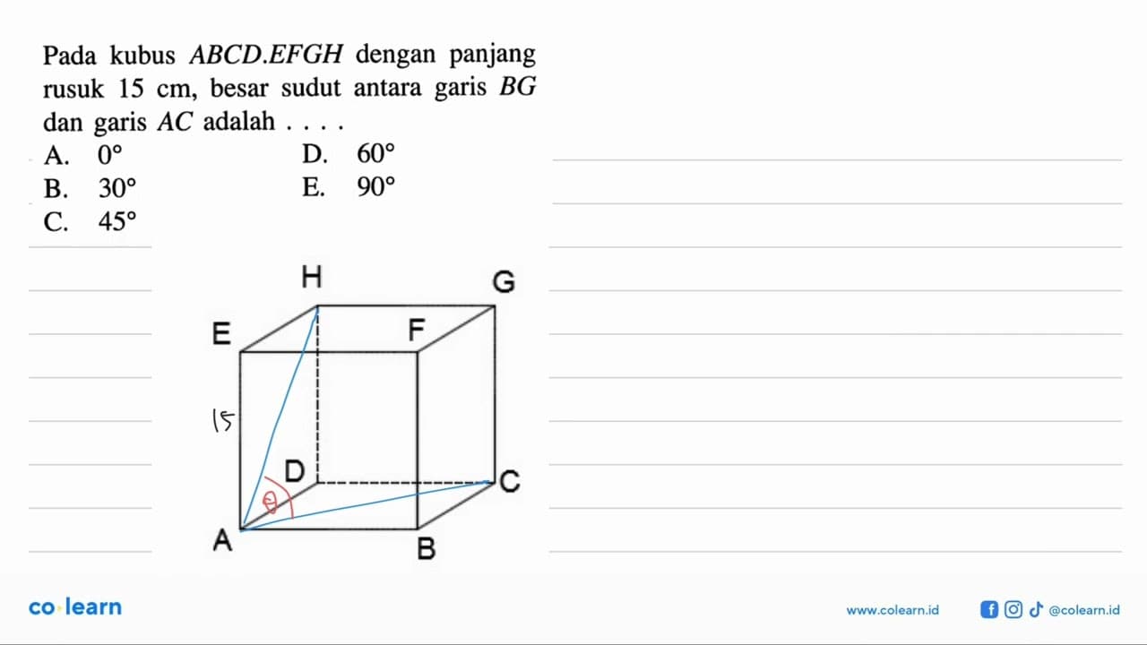 Pada kubus ABCD EFGH dengan panjang rusuk 15 cm, besar