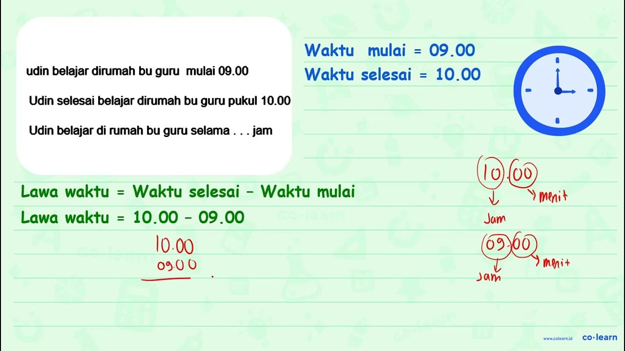 udin belajar dirumah bu guru mulai 09.00 Udin selesai