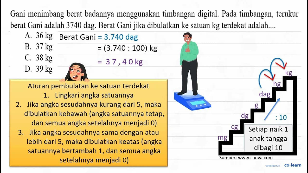 Gani menimbang berat badannya menggunakan timbangan