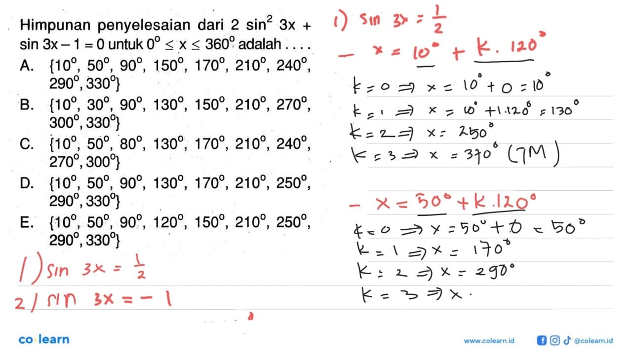 Himpunan penyelesaian dari 2sin^2(3x)+sin 3x-1=0 untuk