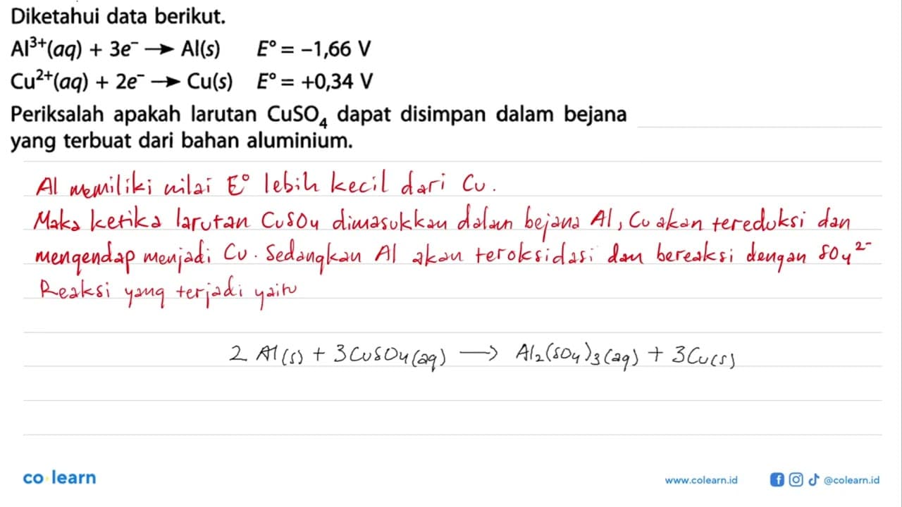 Diketahui data berikut. Al^(3+) (aq) + 3e^- -> Al(s) E =